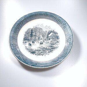 10" Pie Plate Dish Blue And White Currier And Ives Ice Skating Scene Vintage